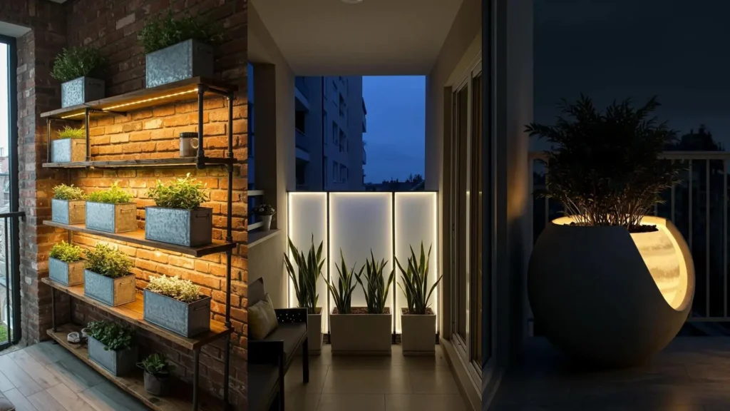 Modern geometric balcony planter displays with LED strip lighting, showcasing various styles like shelves and illuminated pots.