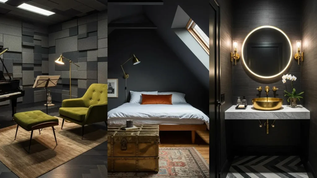 Moody interiors featuring charcoal walls, brass details, and luxe velvet furniture for a sophisticated home design.