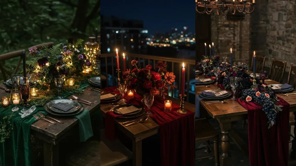 Moody tablescapes featuring dark florals, lush velvet runners, and elegant bronze cutlery under soft candlelight.