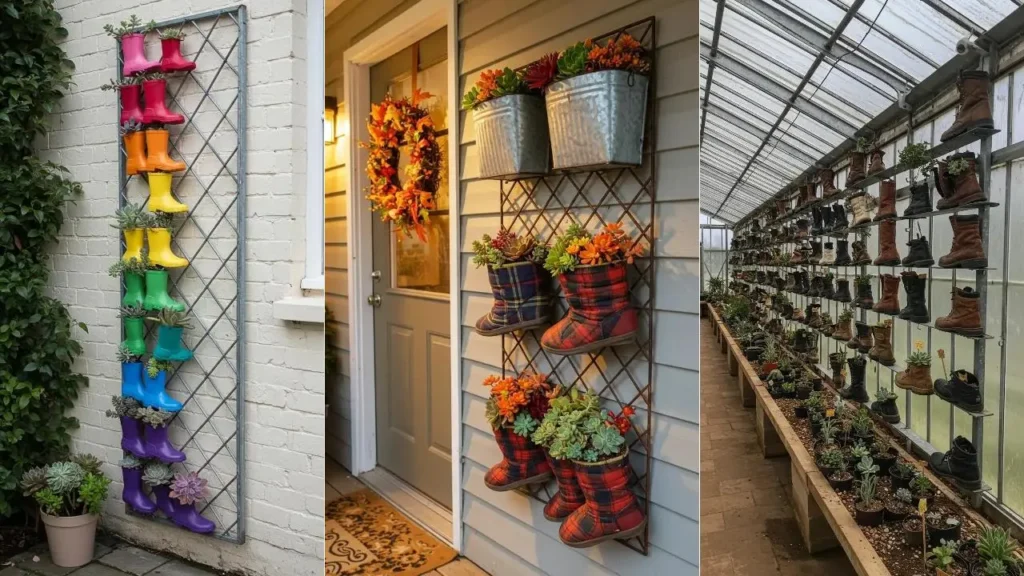 Colorful old boot succulent planters hung on galvanized metal trellises and shelves.