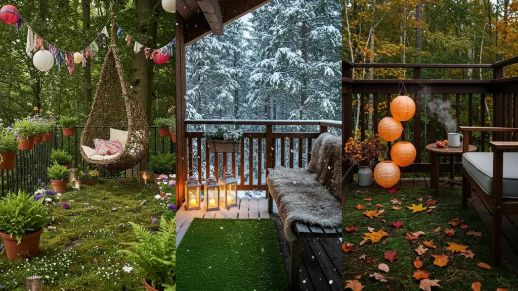 Three cozy forest-inspired balcony hideaways with moss rugs, glowing lanterns, and natural decor across seasons.