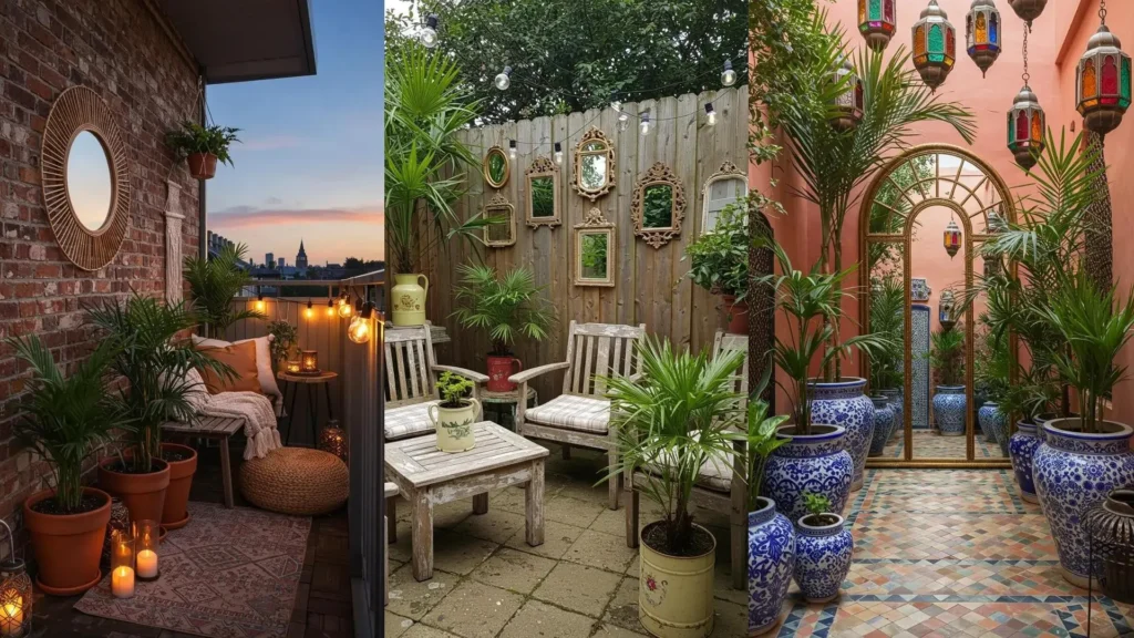 A collage of small urban garden oasis ideas with potted palms, reflective mirrors, and lights for city dwellers.
