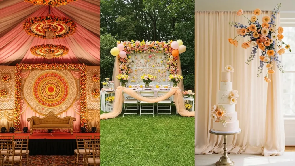 Soft peach wedding flower wall with tulle backdrop, offering dreamy decor and cake ideas.