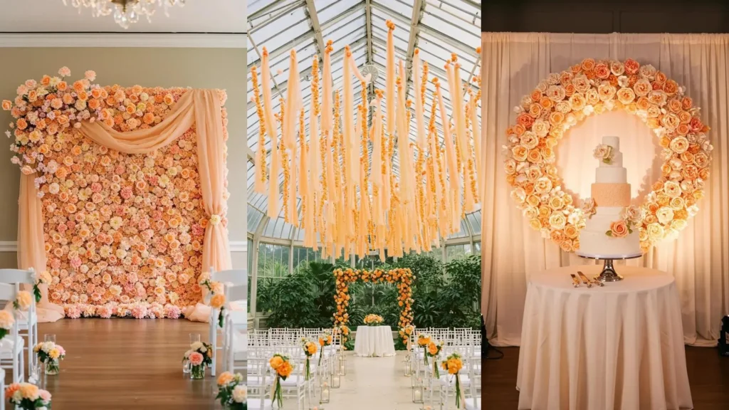 Soft peach wedding flower wall with tulle backdrop, plus other elegant floral event decor ideas.