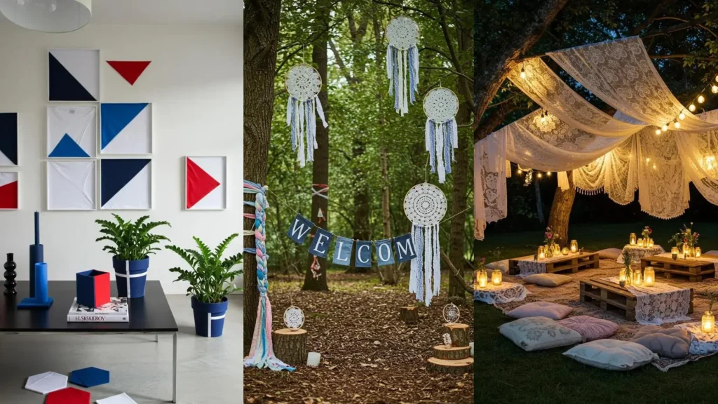 Upcycled clothing crafts transformed into unique party decor, featuring boho dreamcatchers and cozy outdoor lighting.