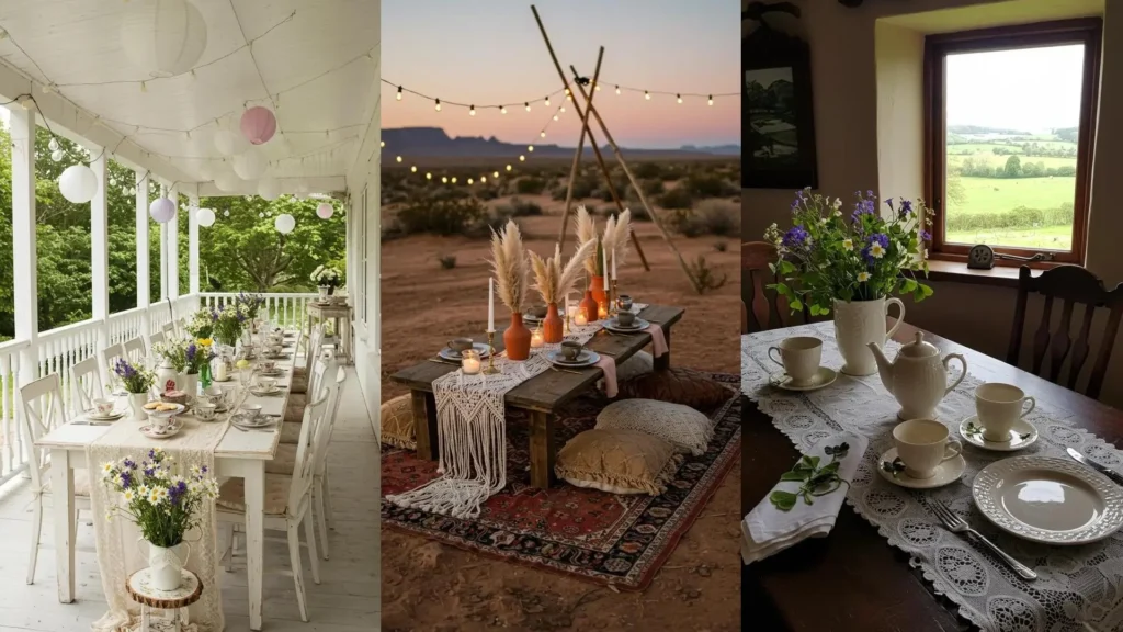 A charming vintage tea party setup on a porch with lace table runners, floral centerpieces, and delicate teacups.