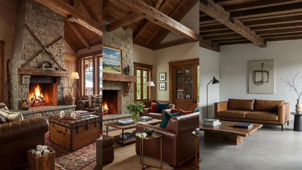 Warm rustic living room with exposed wooden beams, a stone fireplace, and weathered leather sofas, creating a cozy atmosphere.