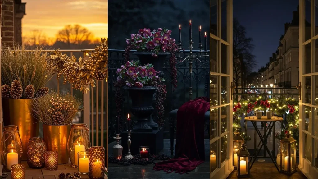 Seasonal balcony decor featuring berry clusters, winter flowers, and warm candlelight.