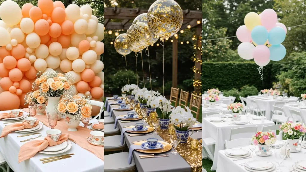 Elegant garden tea party with floral tea cup centerpieces, pastel balloons, and beautiful table decor.