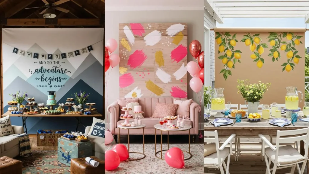 Hand-painted party backdrops and photo walls including a graduation design, abstract art, and lemon theme.