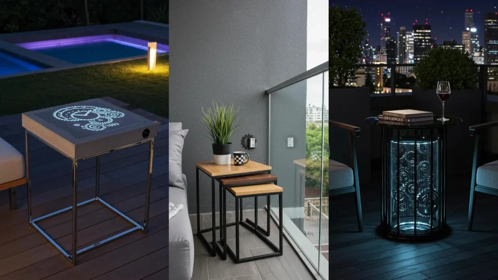 Three industrial-style steel and wood side tables with gear accents displayed on patios for outdoor living spaces.