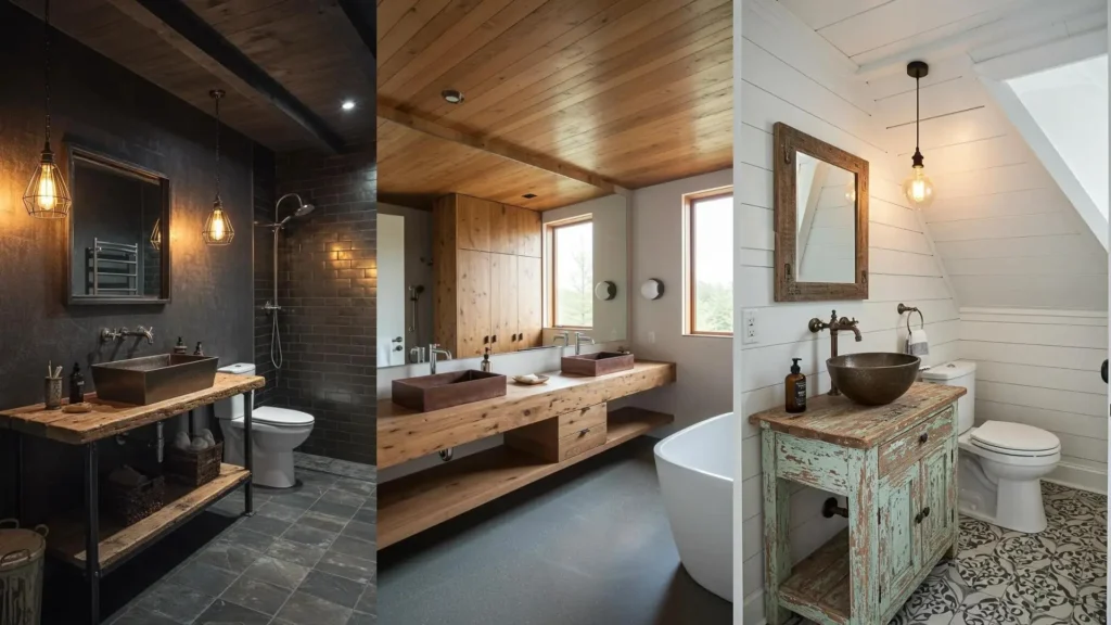 Three modern farmhouse bathrooms featuring white shiplap walls, reclaimed wood vanities, and a copper sink.