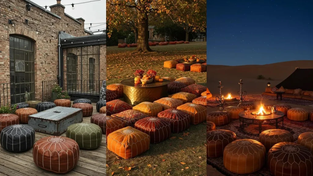 Outdoor garden scenes featuring numerous Moroccan-patterned poufs arranged around chic low metal tea tables.