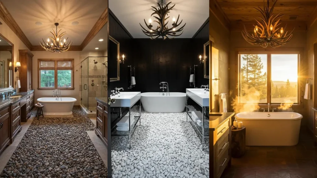 Three rustic mountain lodge bathrooms with antler chandeliers and river rock floors, showcasing cozy decor.