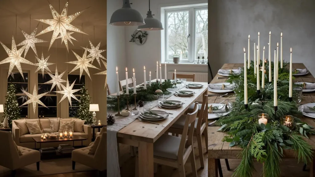 Minimalist Scandinavian Christmas decor featuring neutral tones, natural textures, star lights, and evergreen dining table garland.