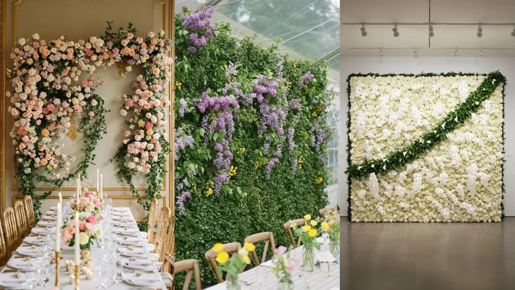 Three stunning secret garden wedding floral walls with draped ivy and colorful blooms.
