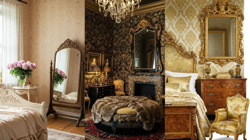 Three vintage French-inspired boudoir bedrooms with ornate gold mirrors and elegant floral damask walls.