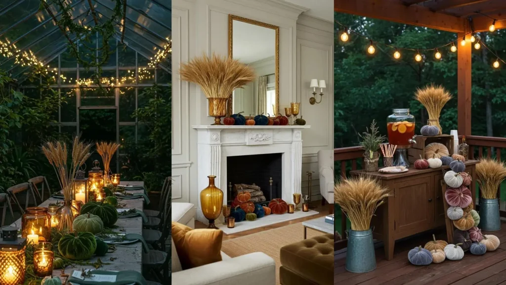 Warm fall party decor with amber glass, wheat bundles, and velvet pumpkins in indoor and outdoor settings.