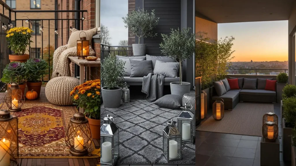 Beautiful balcony garden ideas with cozy boho rugs, decorative lanterns, and vibrant potted plants for stylish urban spaces.
