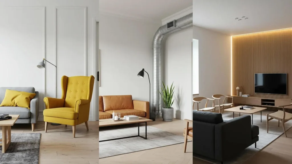 Three chic Scandinavian minimalist living spaces featuring crisp white walls and light oak details.