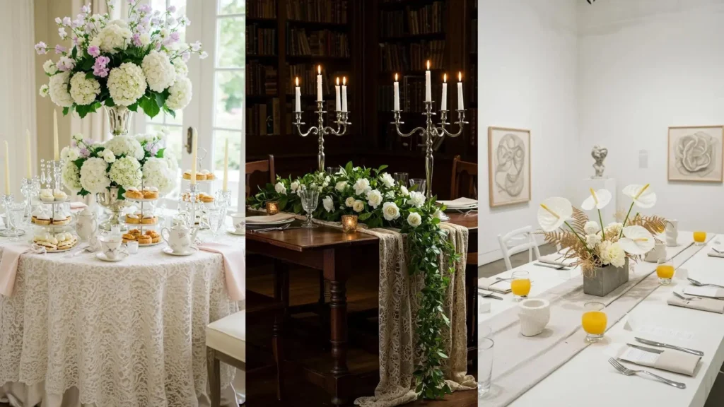 Classic white tablescapes adorned with floral overlays, candlelight, and monochrome layers, perfect for elegant party styling.