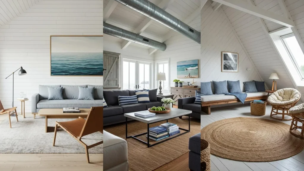 Stylish coastal farmhouse living rooms featuring whitewashed shiplap, blue striped cushions, and comfortable seating.