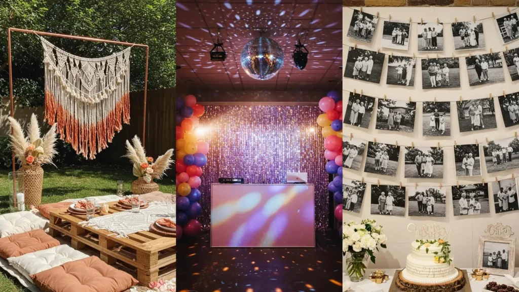 DIY macrame fabric banner party backdrop in an outdoor setting for custom decor ideas.