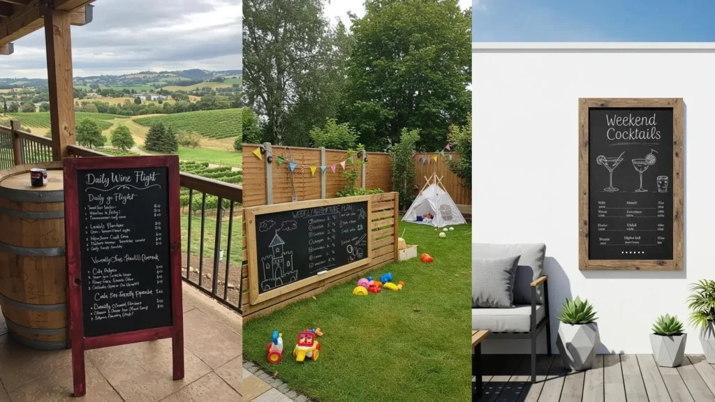 DIY outdoor chalkboard walls, some with pallet wood frames, for backyard play and displaying menus.