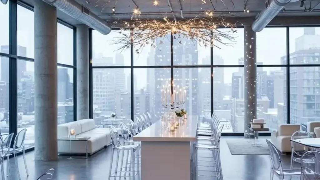 Elegant winter wonderland party with a glowing frosted branch chandelier, silver accents, and long table.