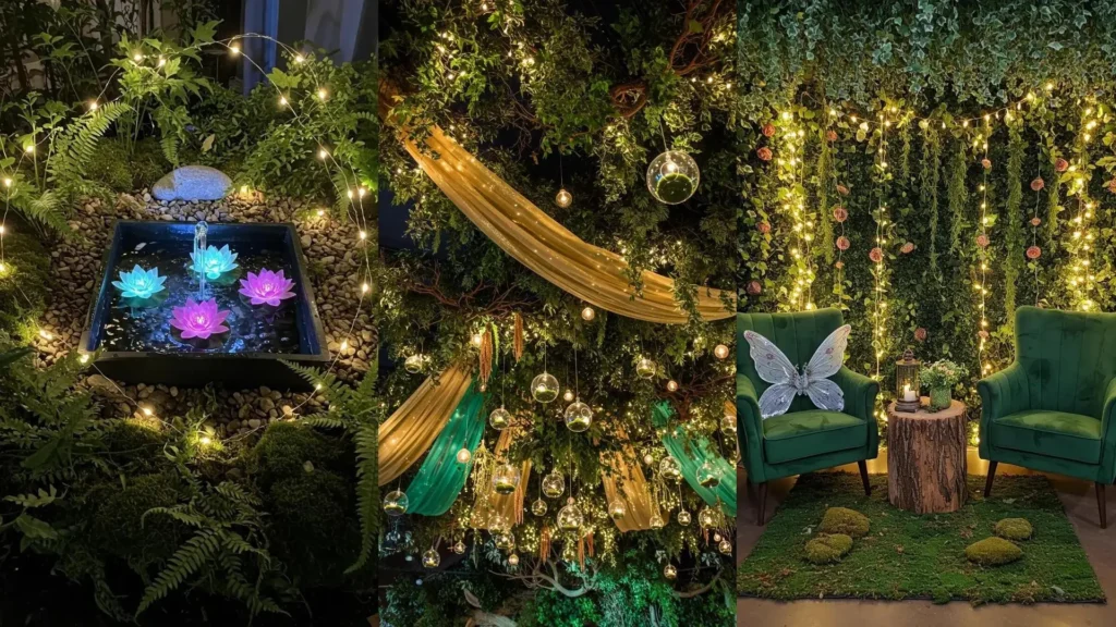 Lush enchanted forest party decor featuring moss, twinkling fairy lights, hanging globes, and a large fairy wing prop.