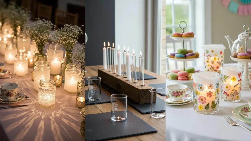 Handmade candle holders like lace jars, wooden blocks, and floral glass, casting a warm glow on decorative party tables.