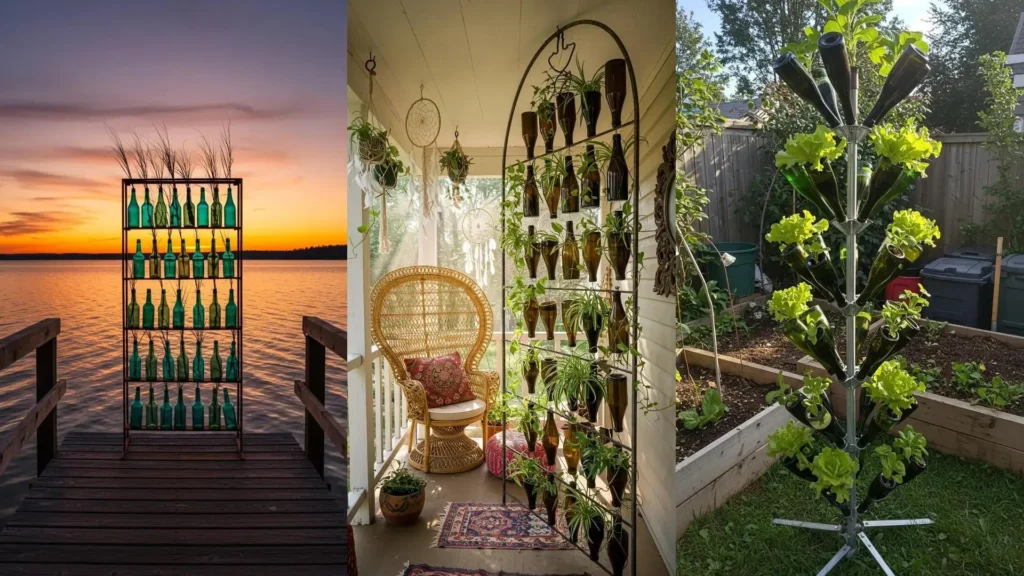 DIY vertical gardens with hanging wine bottles on rustic iron frames, showcasing creative outdoor decoration.