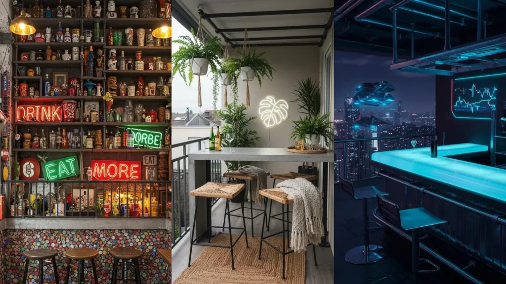 Stylish industrial urban balcony bars featuring metal pipe shelving, concrete countertops, and glowing neon signs.