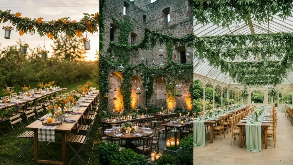 Lush garden-inspired wedding floral tablescapes with abundant greenery and hanging vases.