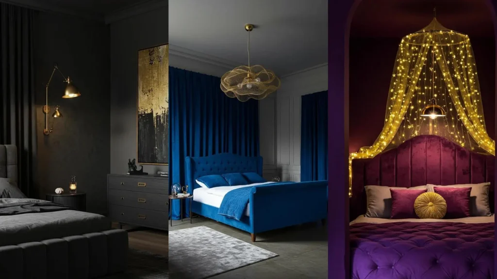 Three luxurious velvet bedrooms featuring rich colors, gold accents, and atmospheric mood lighting in different styles.