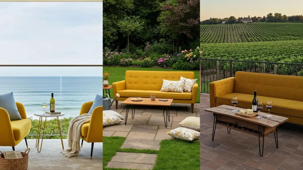 Mustard yellow mid-century modern outdoor sofas & chairs with hairpin leg tables in garden, sea, and vineyard settings.