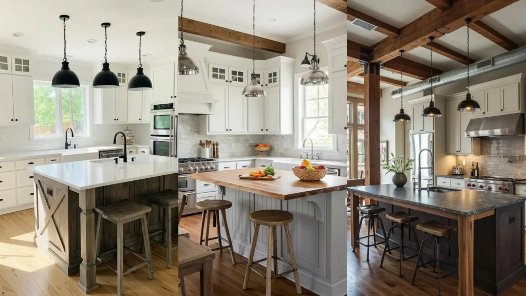 Modern farmhouse kitchen designs with reclaimed barnwood islands and classic apron-front sinks.
