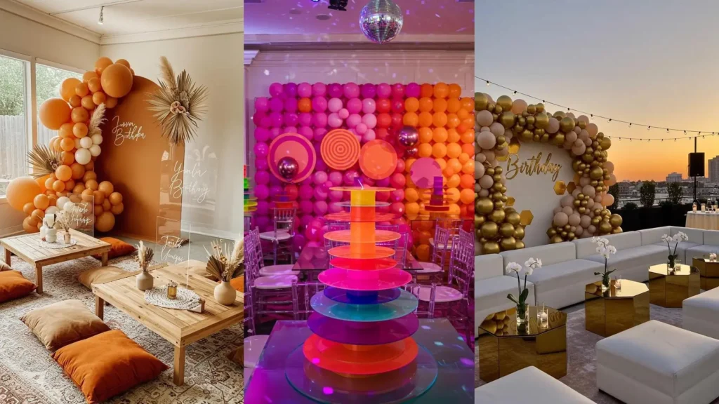 Modern geometric balloon installations, including vibrant arches and walls, paired with stylish acrylic centerpieces.