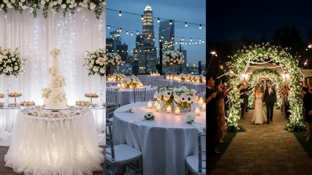 Elegant white wedding decor with floral arrangements, a cake, and ribbons. Perfect monochrome wedding inspiration.