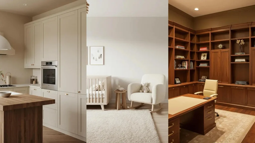 Neutral kitchen, nursery, and office with beige walls, cream furniture, and wooden accents, showcasing stylish interior design.