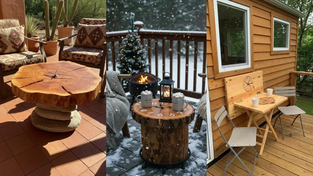 Multiple rustic log slice clock tables for outdoor coffee, ideal for deck and patio decor.