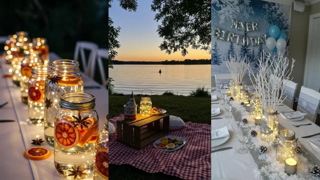 Rustic woodland birthday table with mason jar fairy light centerpieces and white branches.