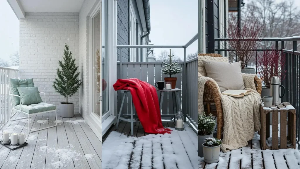 Scandinavian balcony decor scenes with clean lines, natural snow, cozy seating, and evergreen plants.