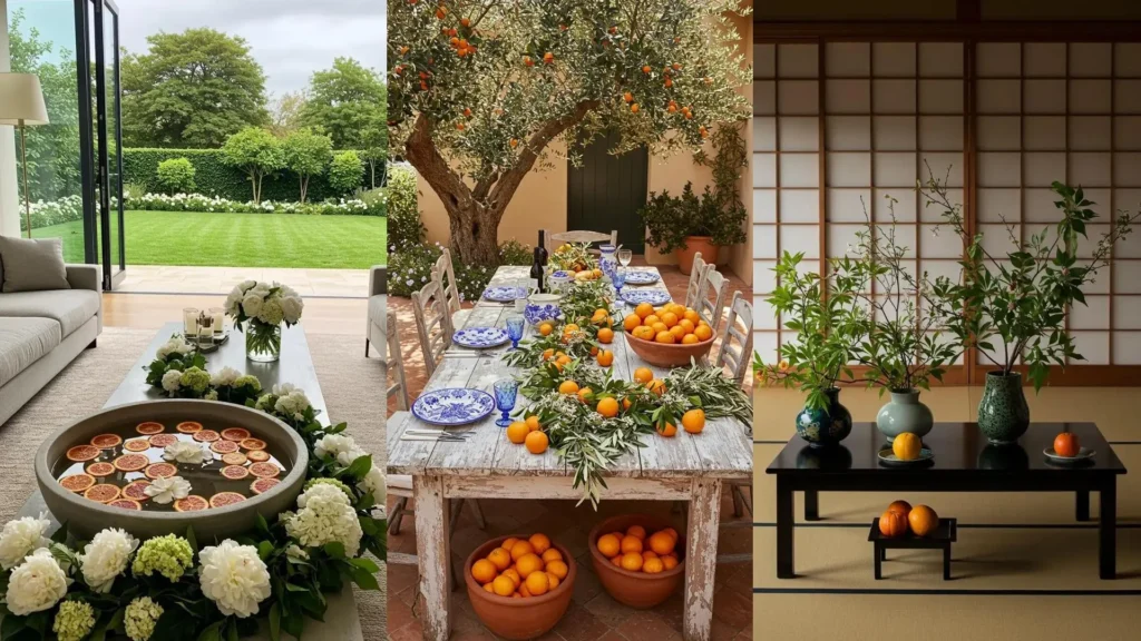 Spring to summer transition party decor featuring citrus centerpieces, white bloom garlands, and outdoor table settings.