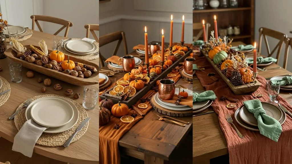 Stunning Thanksgiving tables with layered textures, mini pumpkins, corn, nuts, and other harvest elements for festive styling.
