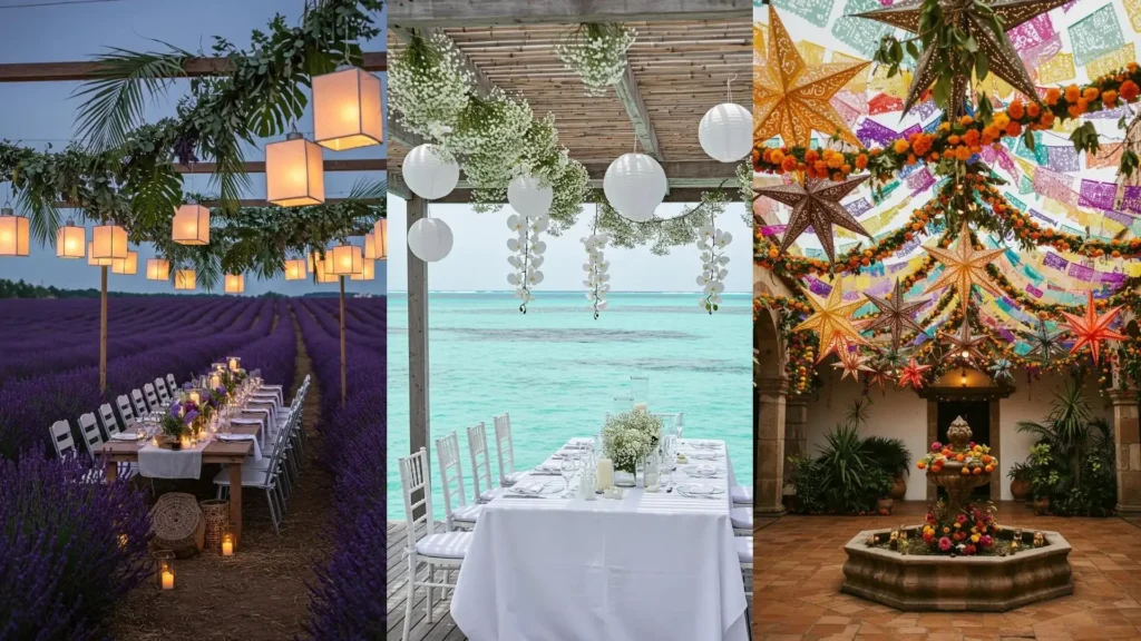 Tropical destination wedding decoration with lush flower garlands and diverse hanging lanterns in beautiful settings.