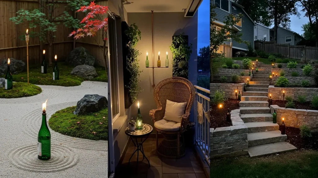 Upcycled glass bottle garden torches illuminate a boho backyard, featuring a zen garden, patio, and stone stairs.