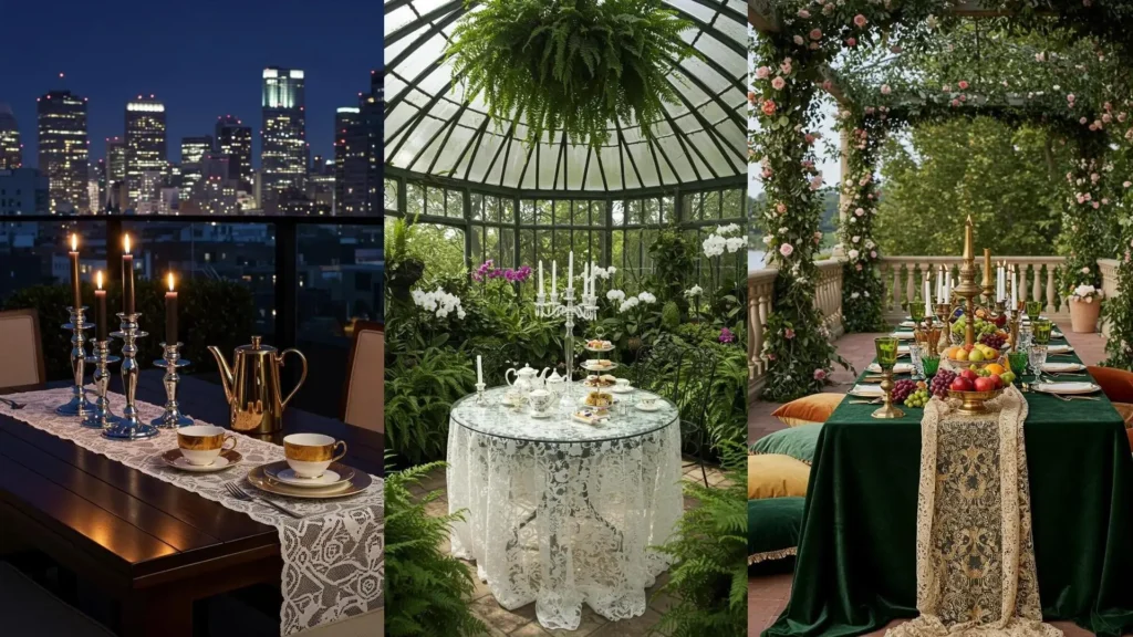 Charming vintage tea party terrace tables with delicate lace, warm candlelight, and diverse beautiful outdoor designs.
