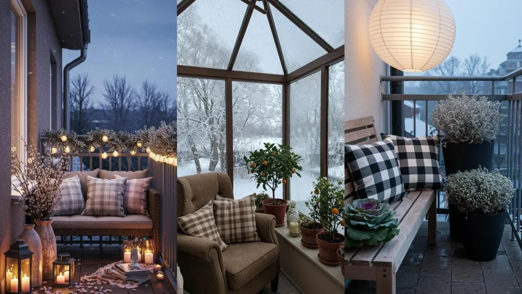 Warm winter balcony scenes with cozy plaid pillows, glowing lights, and frosty plants for inviting outdoor spaces.