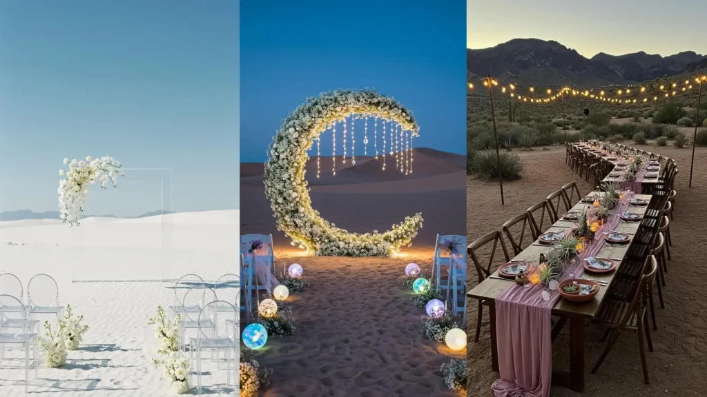 Bohemian desert wedding decor with floral arches, illuminated paths, and long mesa tables styled with desert plants.